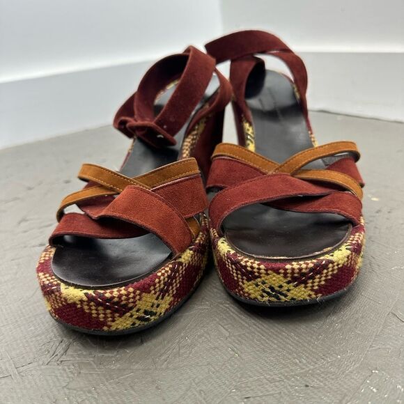Robert Clergerie Burgundy Red Suede Plaid Platform Strappy Heel Sandals Size 39 - Picture 3 of 11